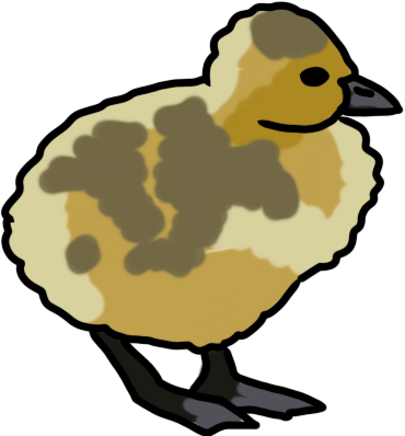 A fluffy, mostly yellow, very young gosling facing the right